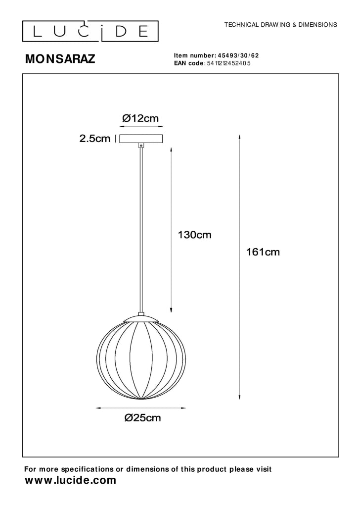 Lampada a sospensione sfera vetro ambra MONSARAZ E27 40W Lucide