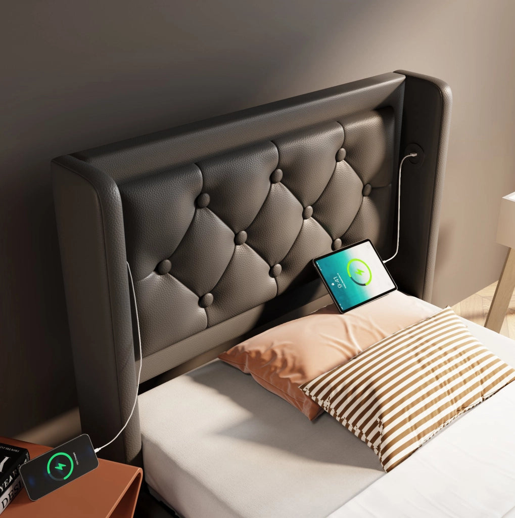 Letto singolo imbottito 90x200 cm in PU nero con contenitore; LED e porta USB Tipo-C
