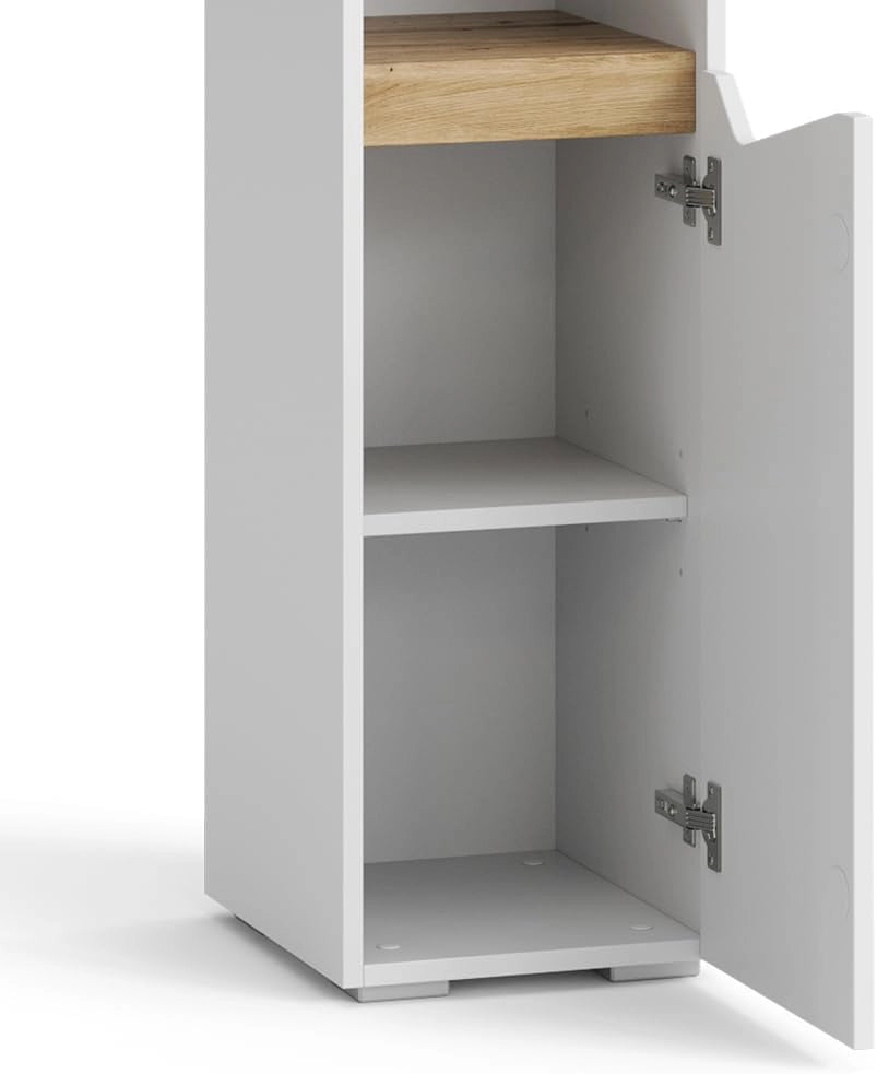 Armadio per il bagno Marelle, Bianco/Artisan, 30 x 180 cm con ante e vani a giorno, per la conservazione di articoli da bagno e asciugamani