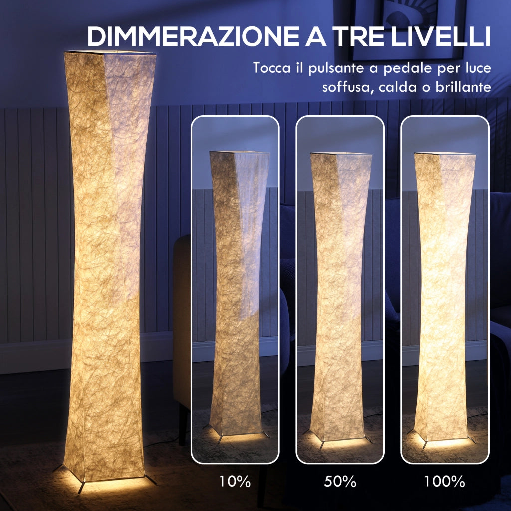 Lampada da Terra Moderna con Interruttore a Pedale, in Acciaio e Tessuto, 25x25x129 cm, Bianco e Argento