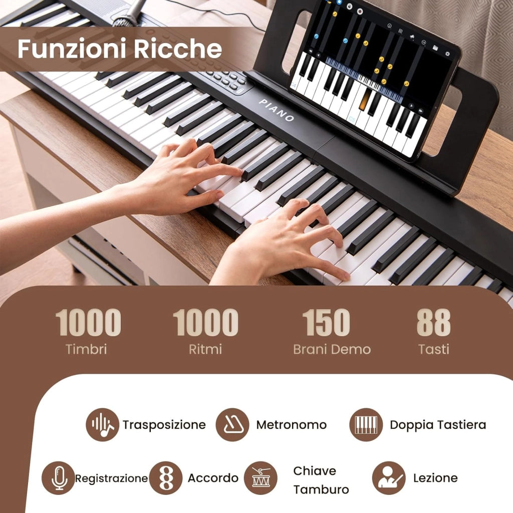 Pianoforte Elettronico Pieghevole a 88 Tasti, Piano Digitale con MIDI, 1000 Ritmi, 1000 Timbri, 150 Canzoni Demo, Registrazione, Batteria e Borsa da Trasporto per Bambini (Nero)