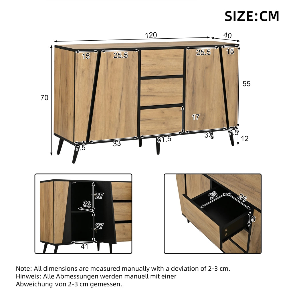 Sideboard con 2 ante e 3 cassetti 120x40x70 cm in MDF e truciolare naturale e nero