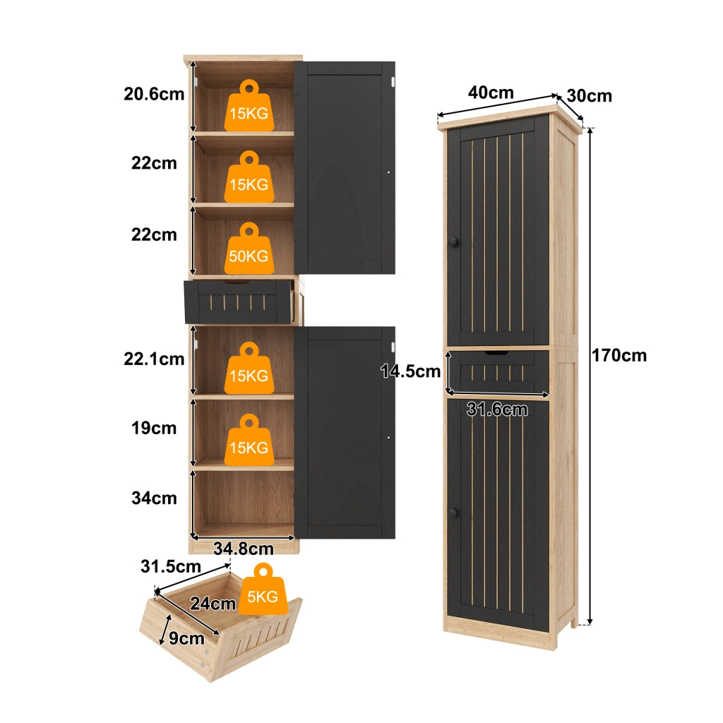 Credenza da cucina 170×40×30 cm in MDF con 2 ante, 1 cassetto e ripiani interni regolabili, colore Natural+Black