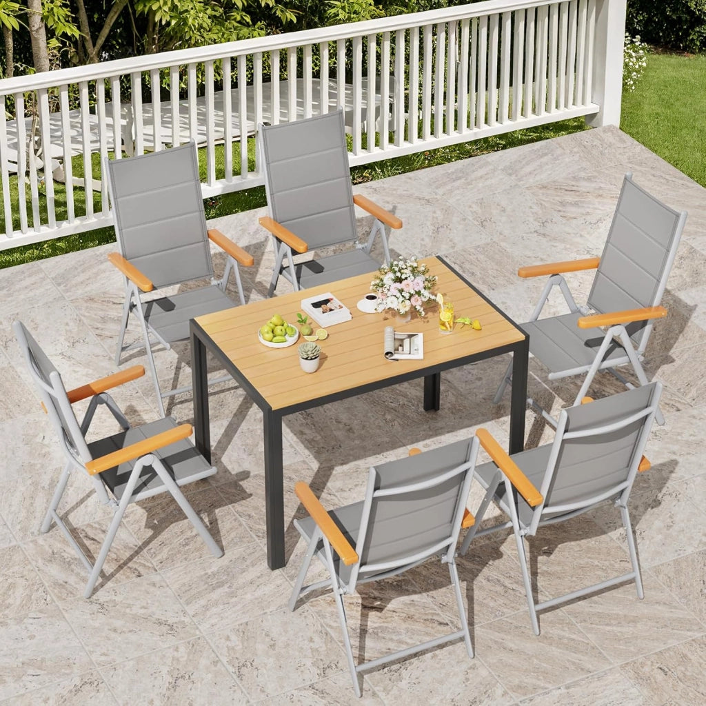 Sedia da giardino con schienale alto, pieghevole, set da 6 sedie da balcone, braccioli in WPC, con schienale trapuntato, seduta regolabile in 7 posizioni, fino a 120 kg, per sala da pranzo