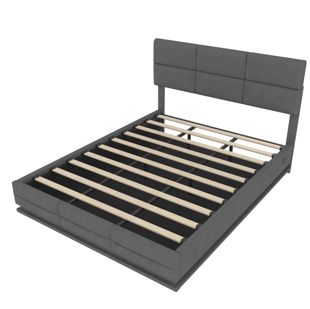 Letto 180x200 cm con contenitore; LED e USB in velluto grigio scuro
