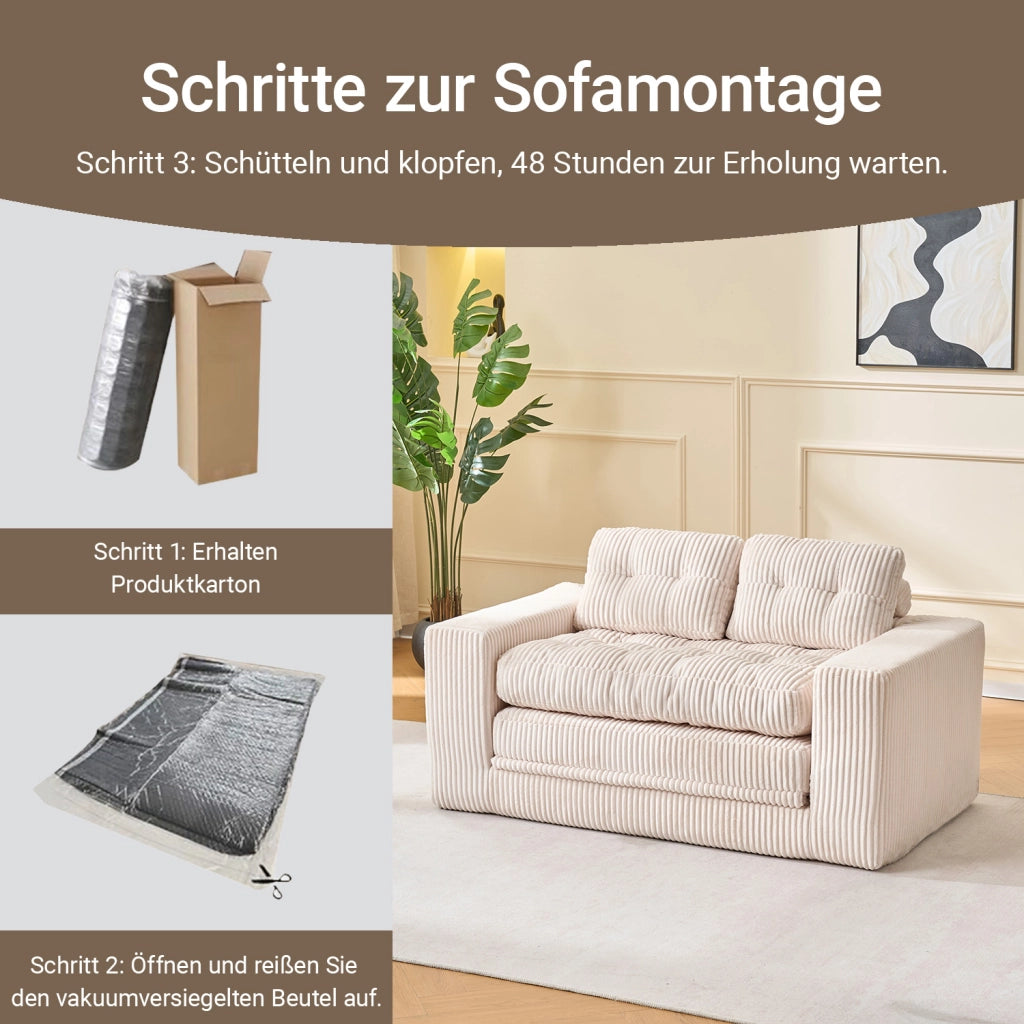 Divano letto a due posti in velluto a coste con funzione 2 in 1 senza montaggio con cuscini rimovibili beige