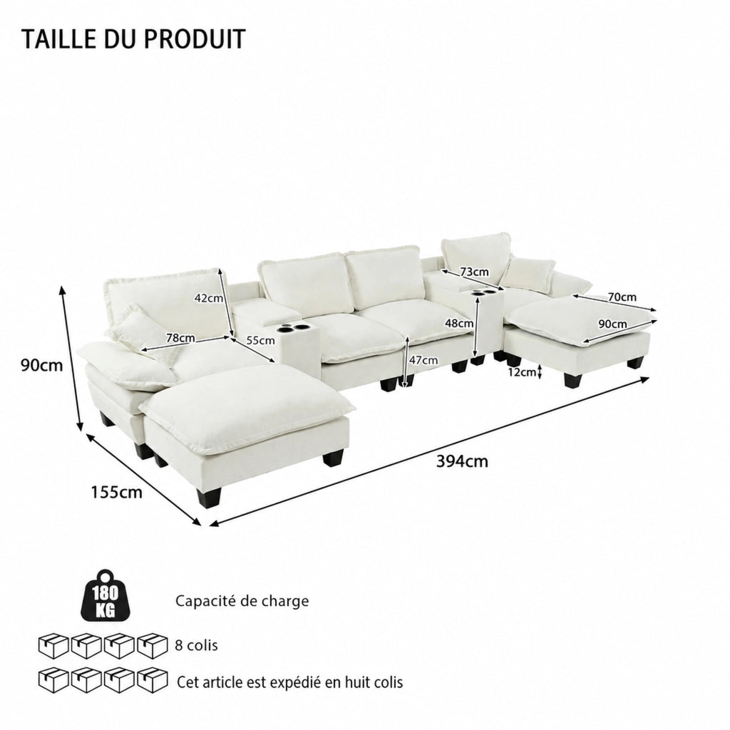 Divano modulare a U con vani portaoggetti, portabicchieri, USB, 2 pouf e cuscini in ciniglia beige