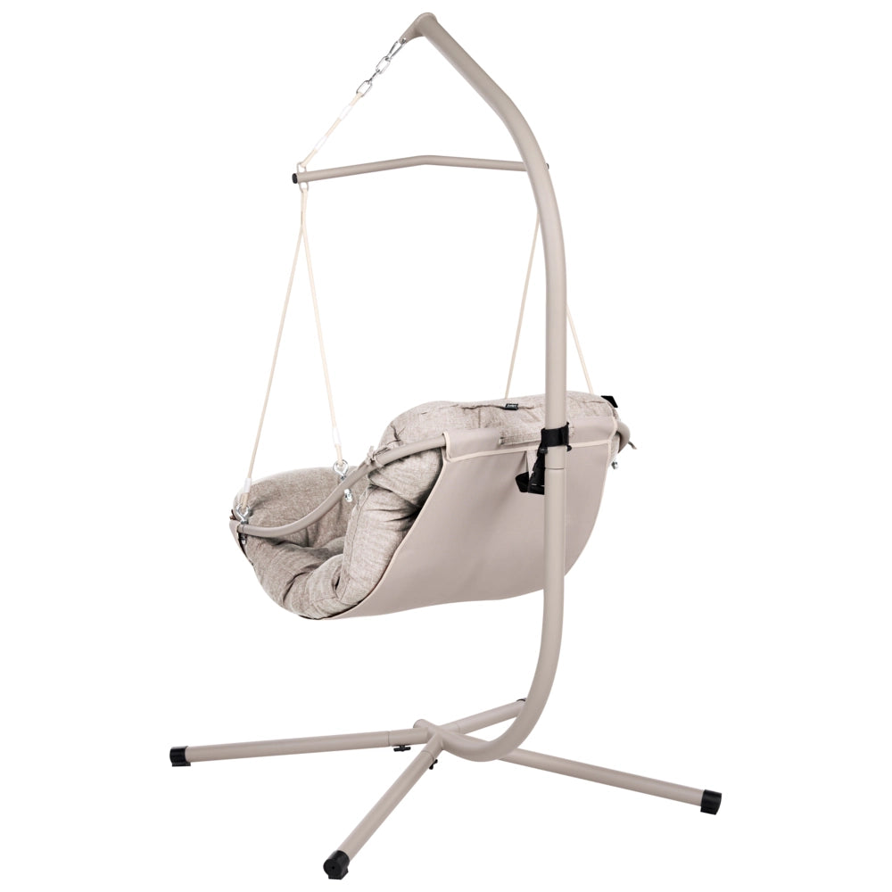 Sedia a dondolo sospesa moderna con supporto in acciaio verniciato a polvere, catena e morbido cuscino in olefina beige