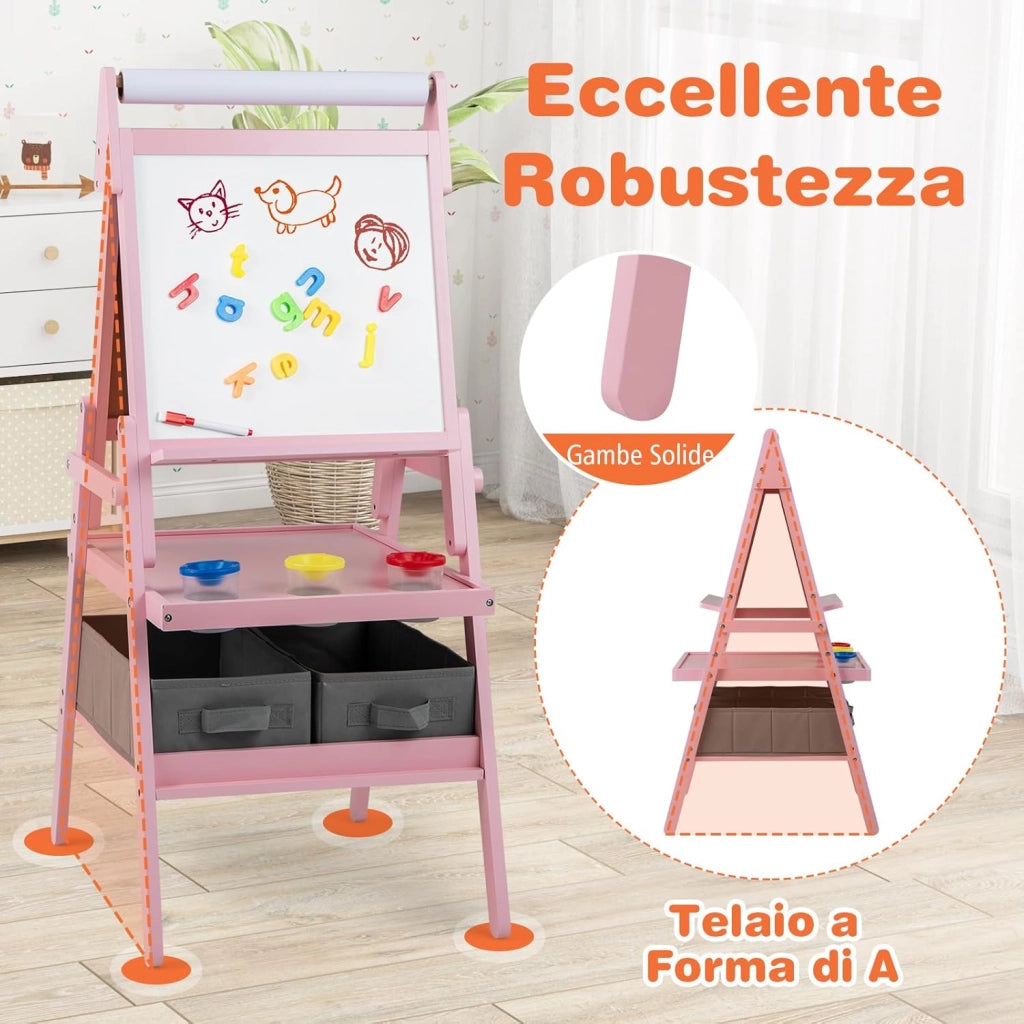 3 in 1 Cavalletto per Bambini, Cavalletto con Doppia Faccia Magnetica e Lavagna Bianca, Rotolo di Carta, 3 Bicchieri per Vernice e 2 Cestini in Tessuto, per Bambini 3-6 Anni (Rosa)