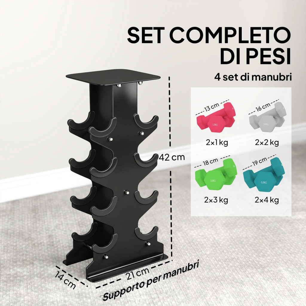 Set 8 Manubri Pesi Esagonali Antiscivolo con Supporto, in Metallo e Plastica, Multicolore