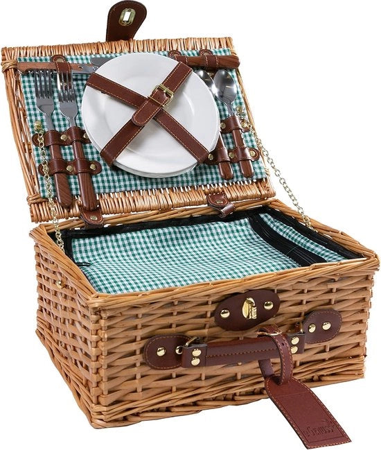 Carrello picnic per 2 persone - compartimento isoterma - cestino di paglia - verde/bianco