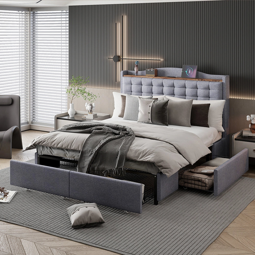 Letto matrimoniale 140x200 cm - Xylo - 4 cassetti, carica USB, grigio