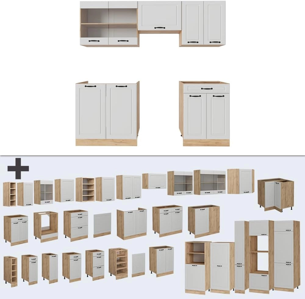 Cucina componibile R-Line, Casa di campagna bianca/quercia dorata, 200 cm, PL Antracite, adatto per l'espansione personalizzata tramite moduli aggiuntivi