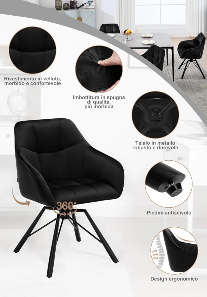 Set di 2 Sedie per Sala Pranzo Girevoli a 360°, Sedie da Cucina Imbottite con Gambe in Metallo, Poltroncine in Velluto, Camera da Letto, Soggiorno, Nero, BH365sz-2