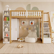 Letto a soppalco 90x200 cm con armadio; scaffali e scala con vani; bianco e legno naturale