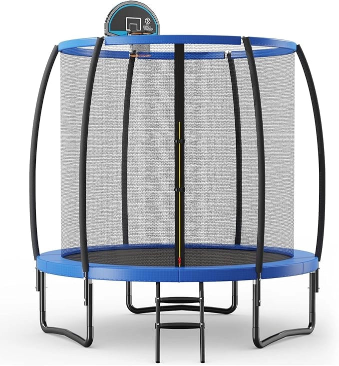 Trampolino Elastico per Bambini 245/333/367 cm Certificato GS, Tappeto Elastico con Rete, Anello da Basket, Scaletta con 2 Gradini, Palla da Basket e Pompa, Portata 100 kg