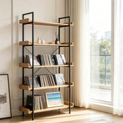 Libreria a 5 ripiani in MDF e metallo, rovere chiaro e nero