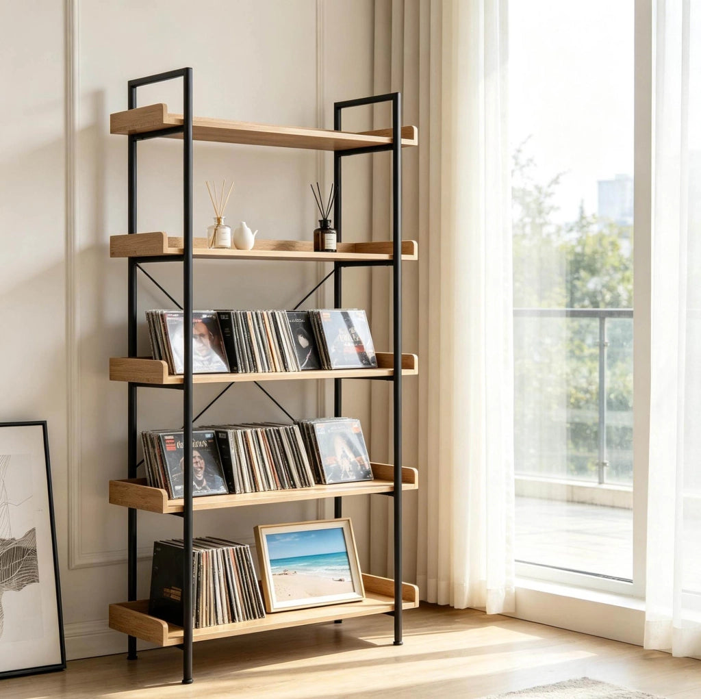 Libreria a 5 ripiani in MDF e metallo, rovere chiaro e nero