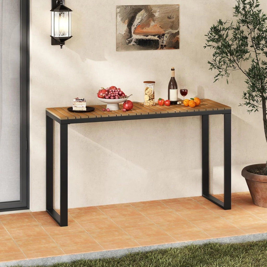 Tavolo consolle da esterno rectangolare e struttura metallica resistente, Tavolo laterale da patio con piano in wpc durevole Marrone e Nero