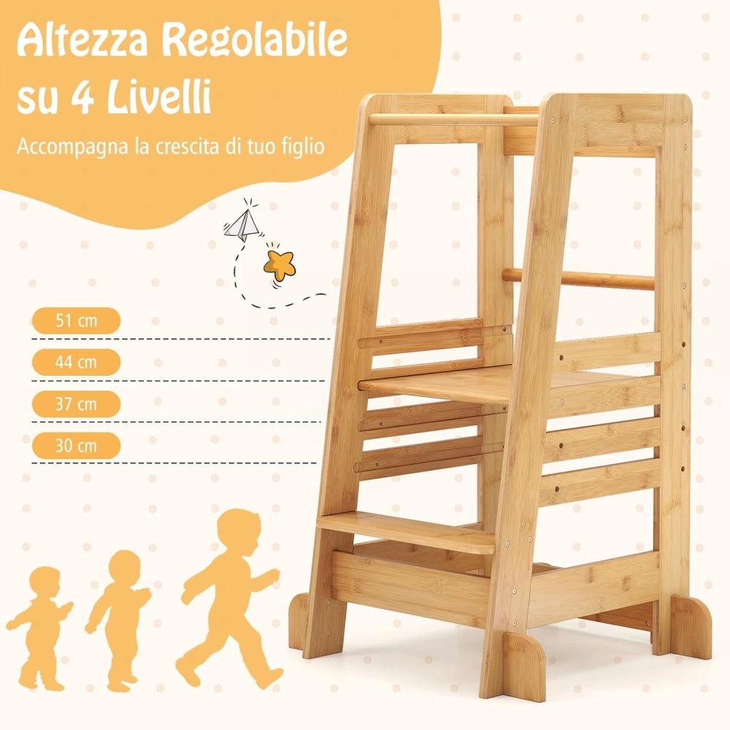 Torre Montessoriana in Bambù, Torre di Apprendimento con 4 Altezze Regolabili, Barra di Sicurezza e Piedini Antiribaltamento, Sgabello da Cucina per Bambini 18+ Mesi