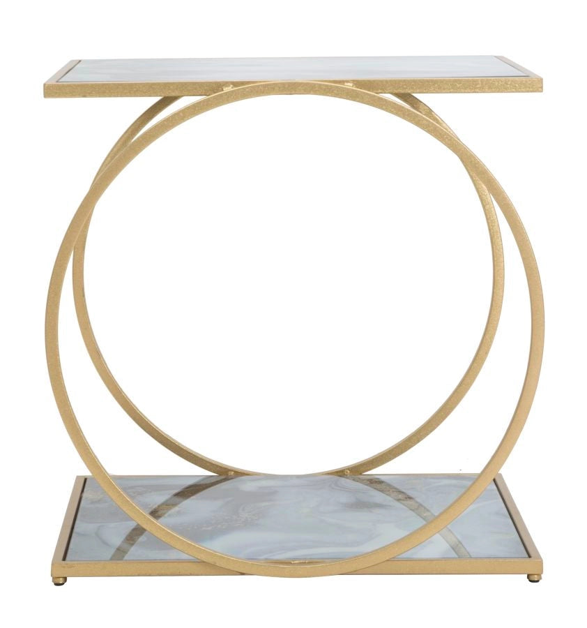 Tavolinetto Glam 2 Level 52,5x50x51 cm in Ferro MDF e Vetro Oro e Multicolor