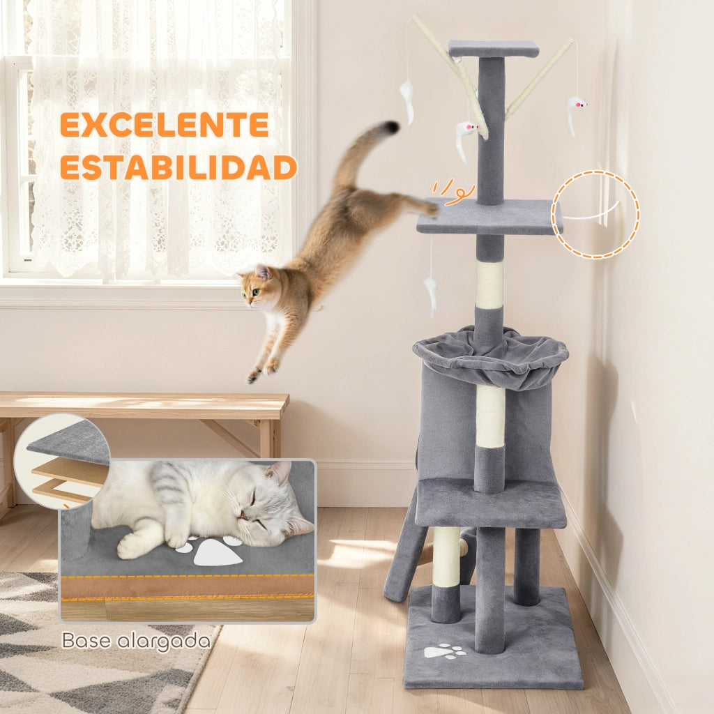 Tiragraffi per Gatti 134cm ¨C Xylo ¨C 6 Pali 3 Piattaforme Grotta Amaca Scala 4 Giochi Grigio