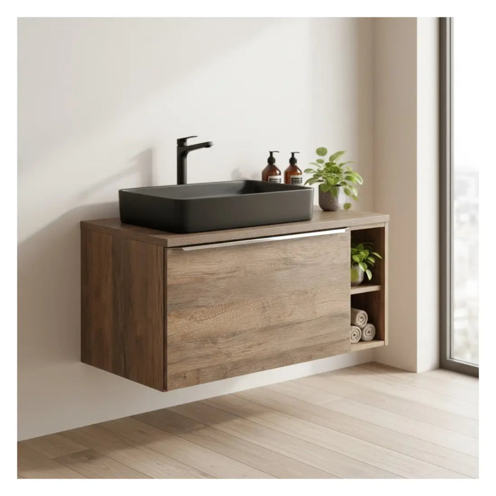 Set da bagno VANTA in quercia: mobile sotto lavabo 100cm + piano lavabo + 1 lavabo nero da appoggio