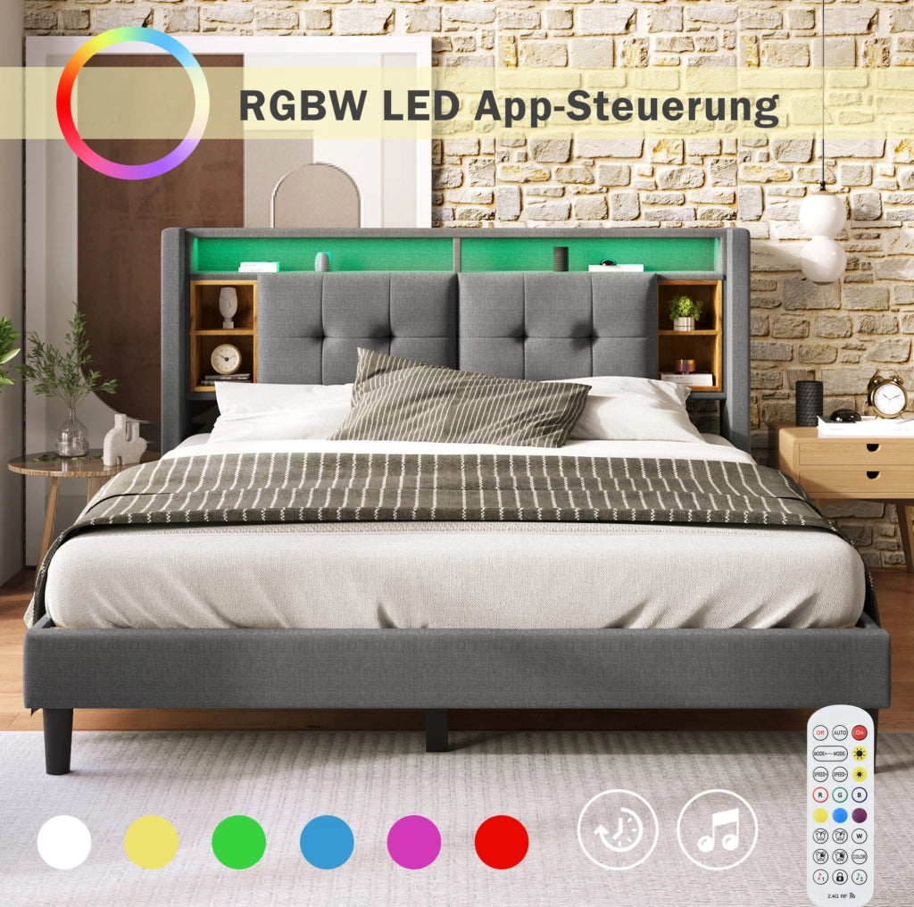 Letto matrimoniale imbottito 140x200 cm con testiera contenitore; LED e prese USB; grigio