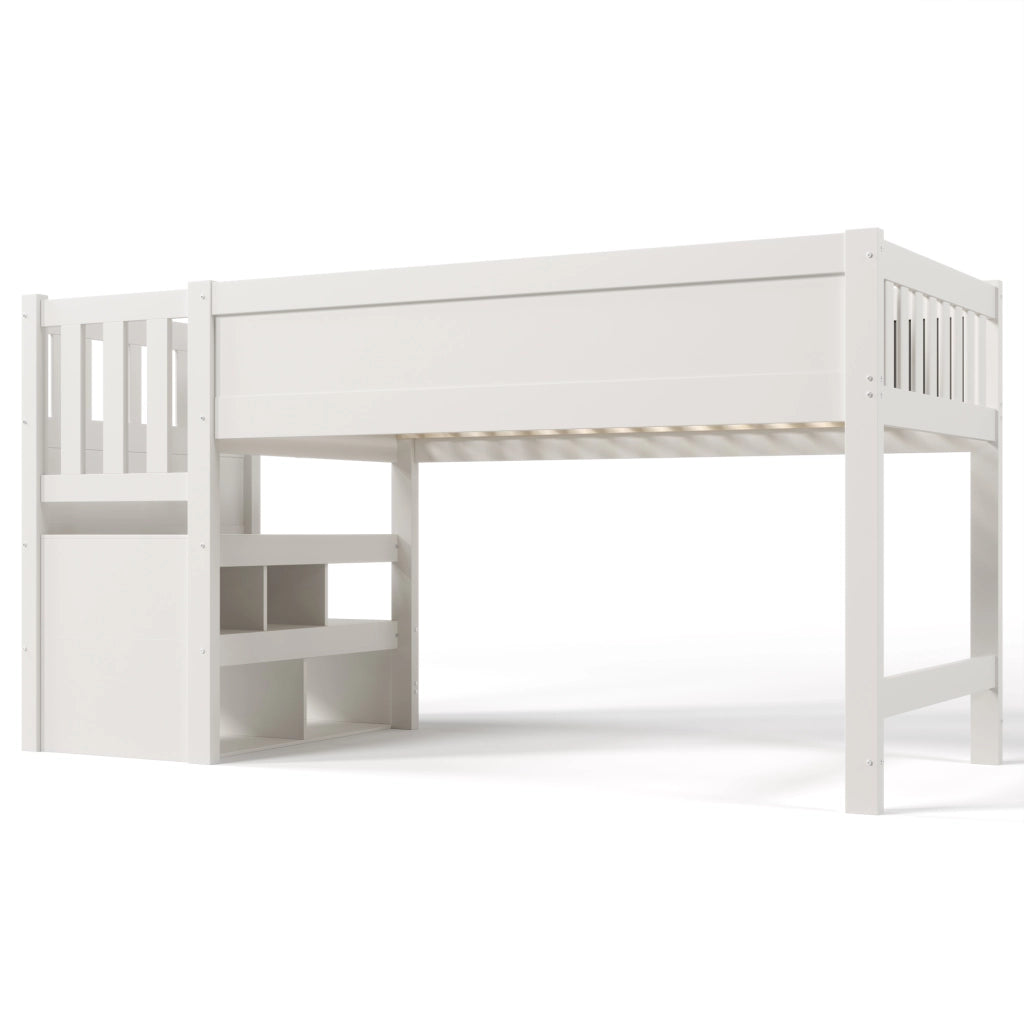 DESMIU Letto a Soppalco per Bambini 1 Posto con Scala Contenitore e Lavagna, 90 × 200 cm, Senza Materasso, Bianco