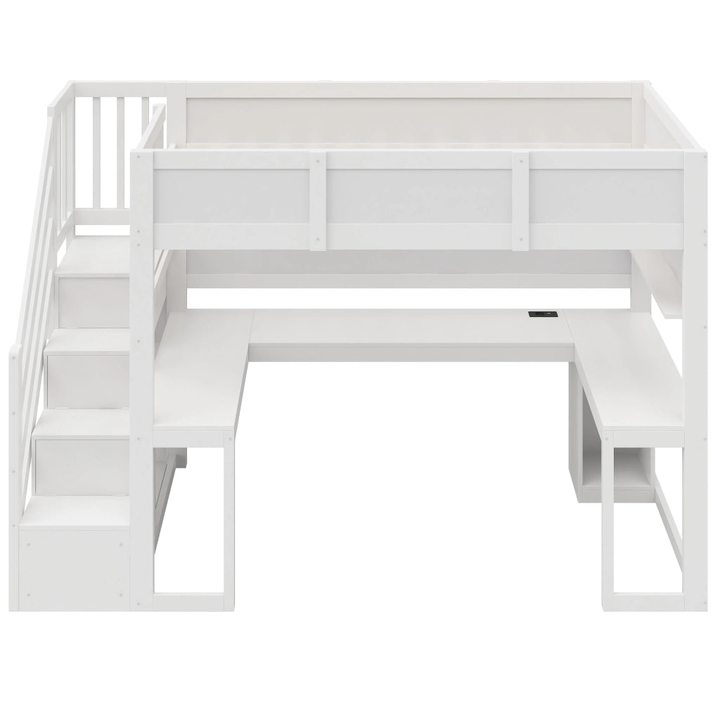 Letto a soppalco gaming 90x200 cm con scrivania; scala contenitore; LED e USB; MDF e compensato bianco