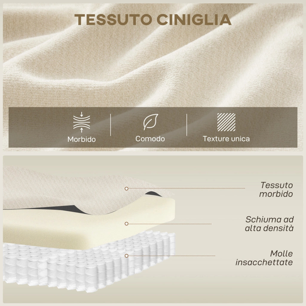 Divano 3 Posti in Ciniglia Crema con Cuscini ¨C Zephmum ¨C 260x106x82 cm