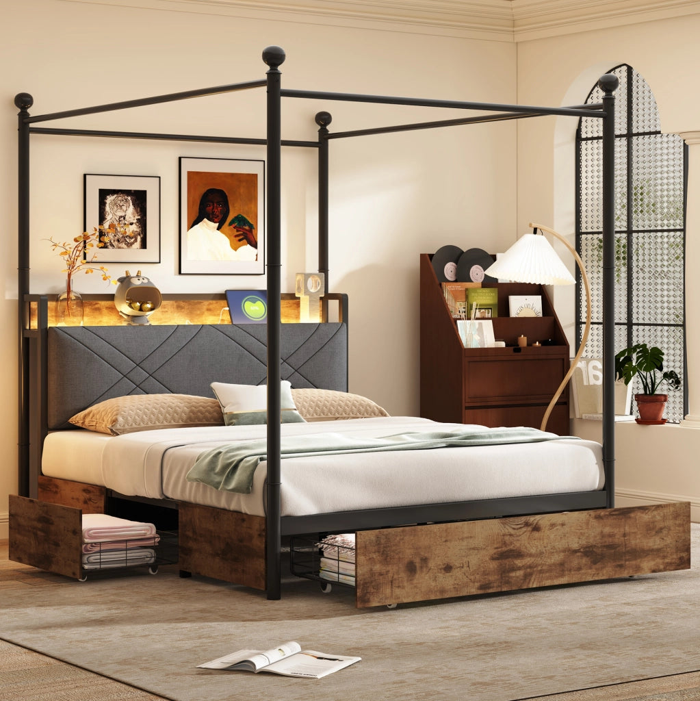 Letto a baldacchino 140x190 cm con LED; prese USB/Type-C e contenitore in metallo e legno nero