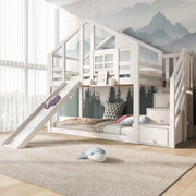 Letto a castello a casetta 90x200 cm con scivolo e scale contenitore; bianco