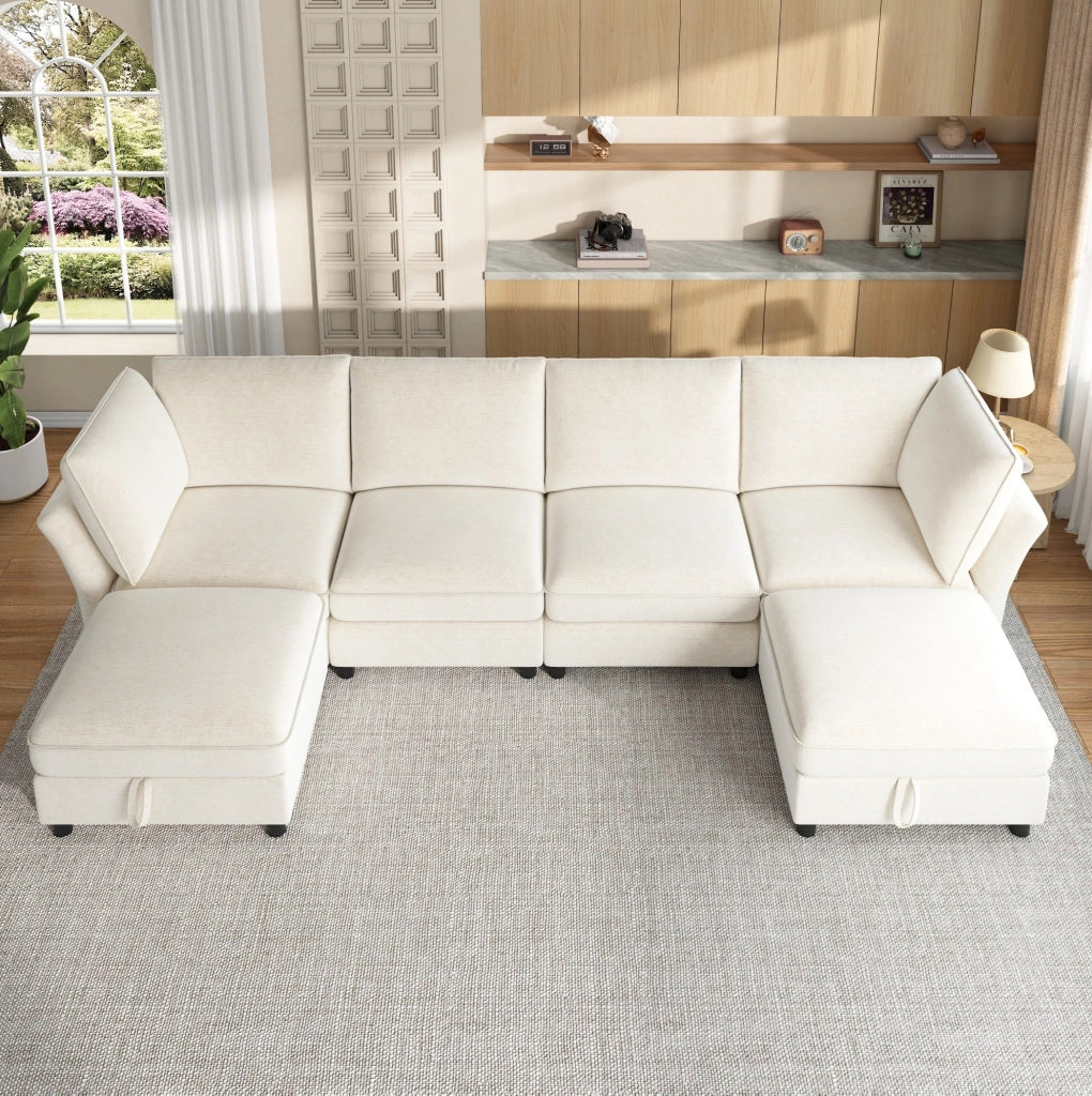 Divano modulare a U 6-7 posti con 2 pouf contenitore; 289x137x84 cm; chenille beige