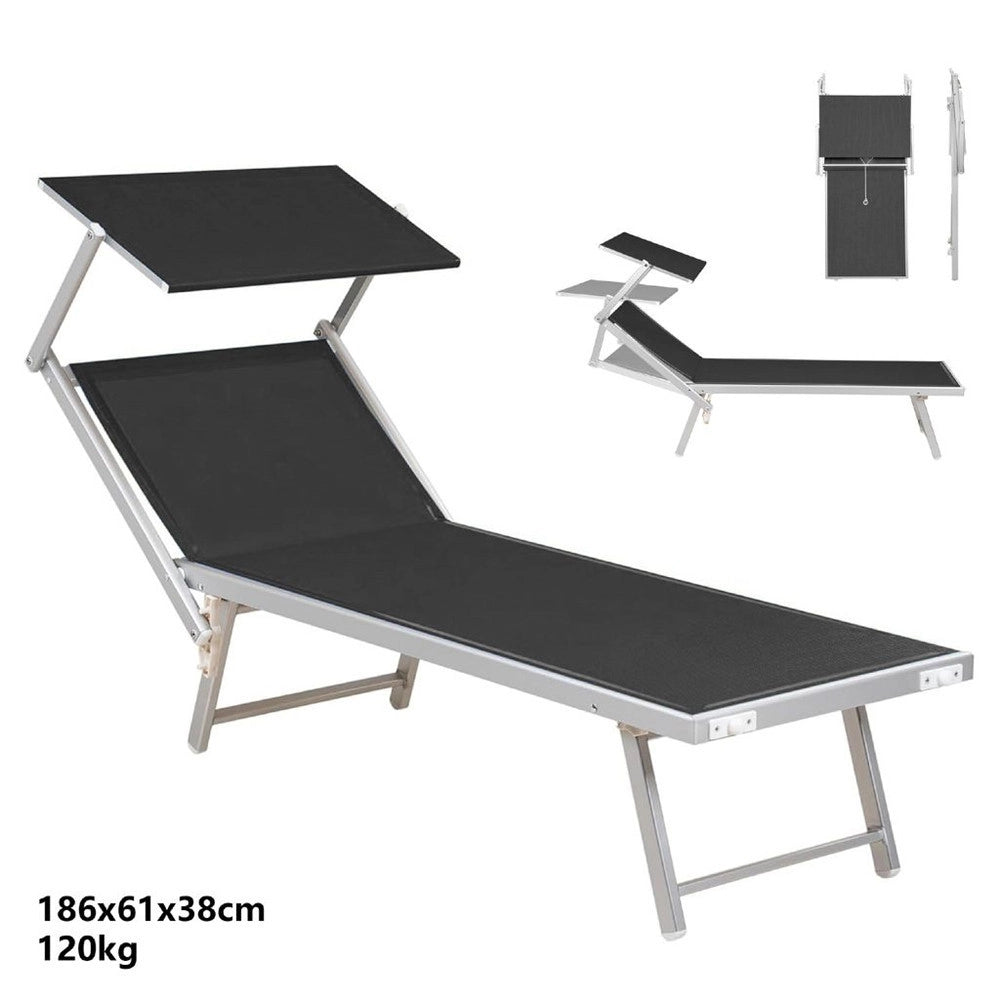 Trade Shop - Lettino Pieghevole Prendisole In Alluminio Textilene Con Parasole Orientabile 186x61x38cm - Grigio
