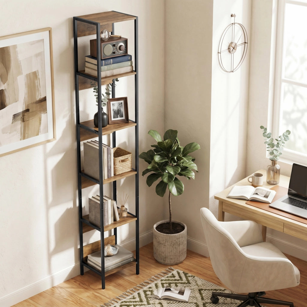 Libreria Verticale Salvaspazio 6 Ripiani 29,5x30x185 cm Marrone e Acciaio Nero