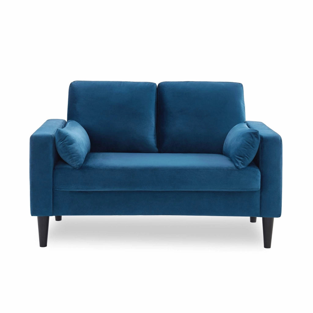 Divano in tessuto con gambe in legno, 2 posti, blu