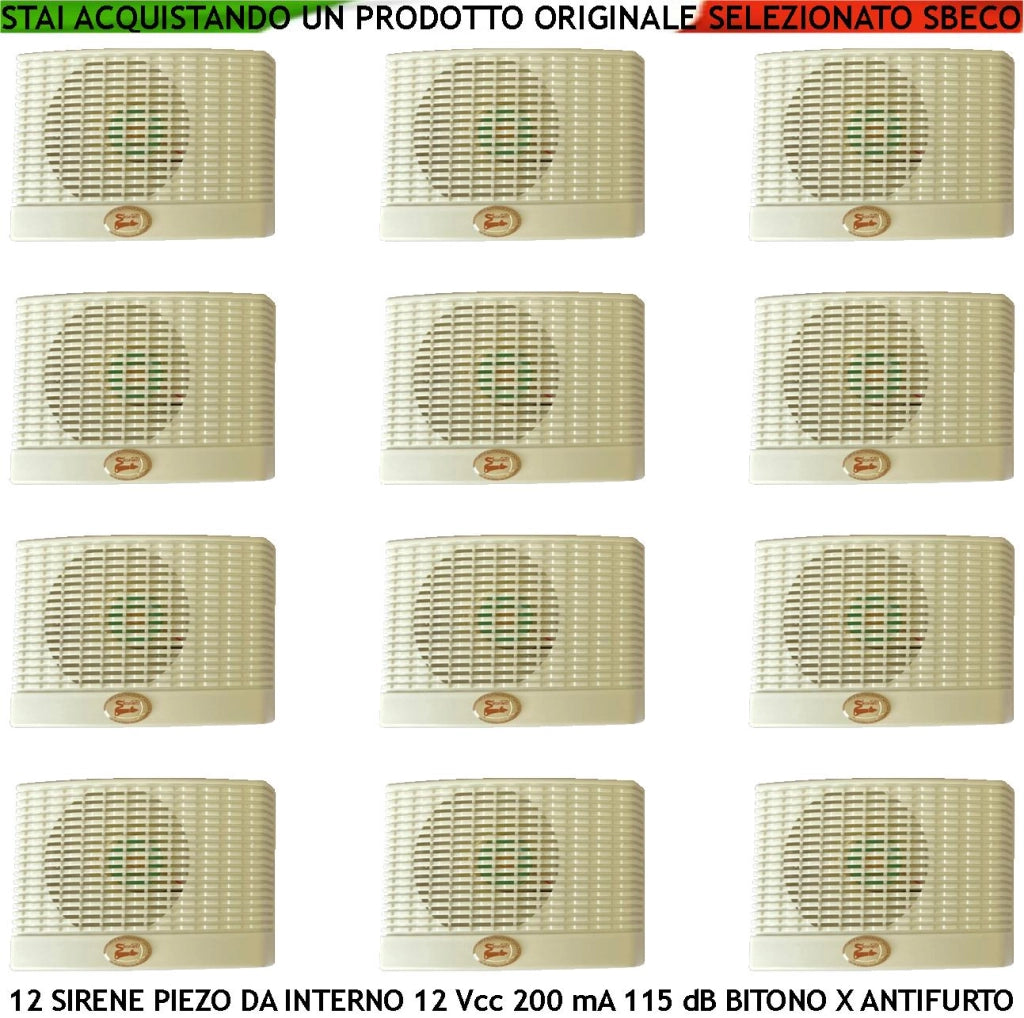 Sirena da Interno a Parete 12 Pezzi Diffusore Piezoelettrico Antifurto 115 dB Morsetti Polarizzati Alimentazione 12 Vcc Assorbimento 200 mA Melodia Bitonale A/B 1500 +/- 4000 Hz Contenitore ABS IP32
