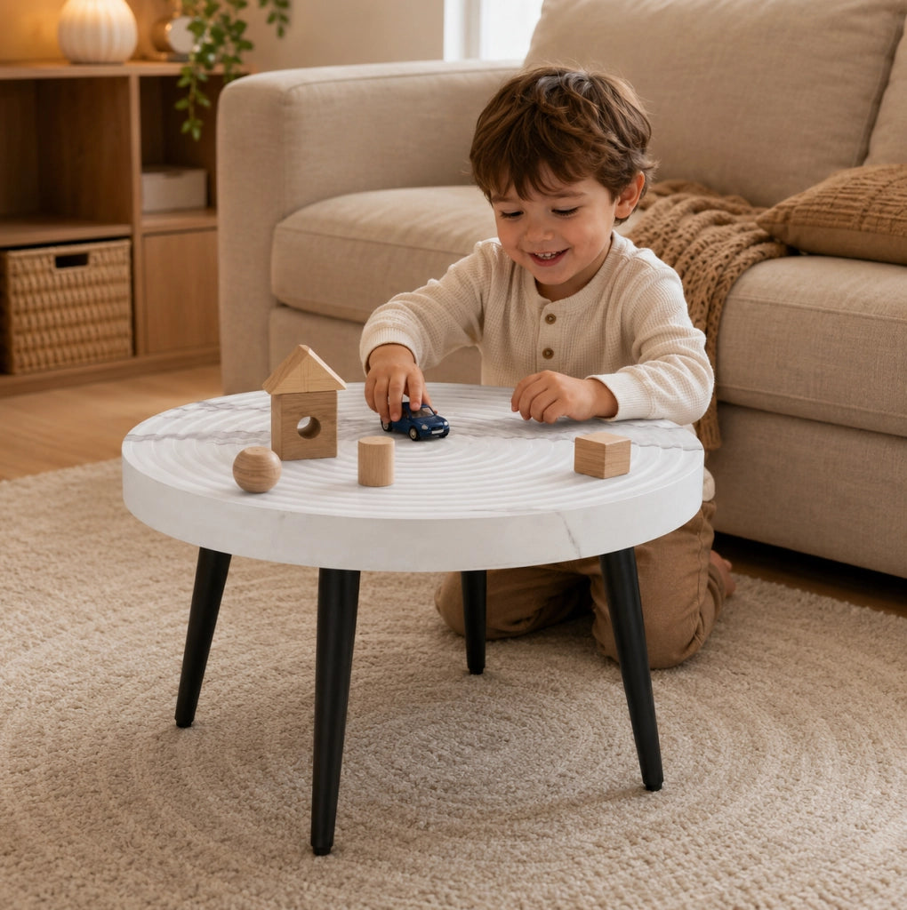 Tavolino rotondo 73.99x73.61x22.5 cm con piano effetto marmo e scanalature; MDF e metallo; bianco