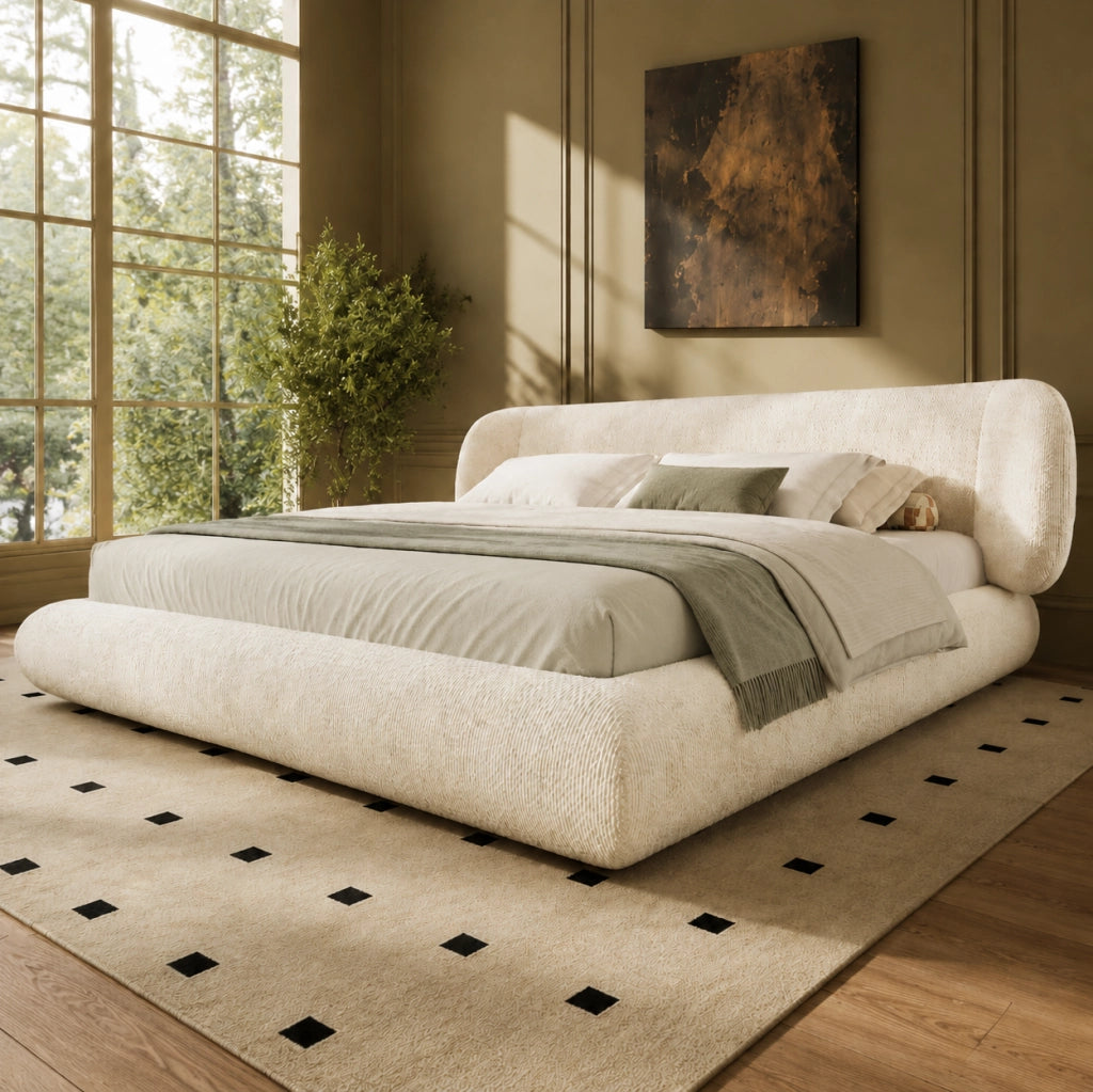 Letto matrimoniale imbottito 140 x 190 cm in ciniglia beige con rete a doghe e testiera