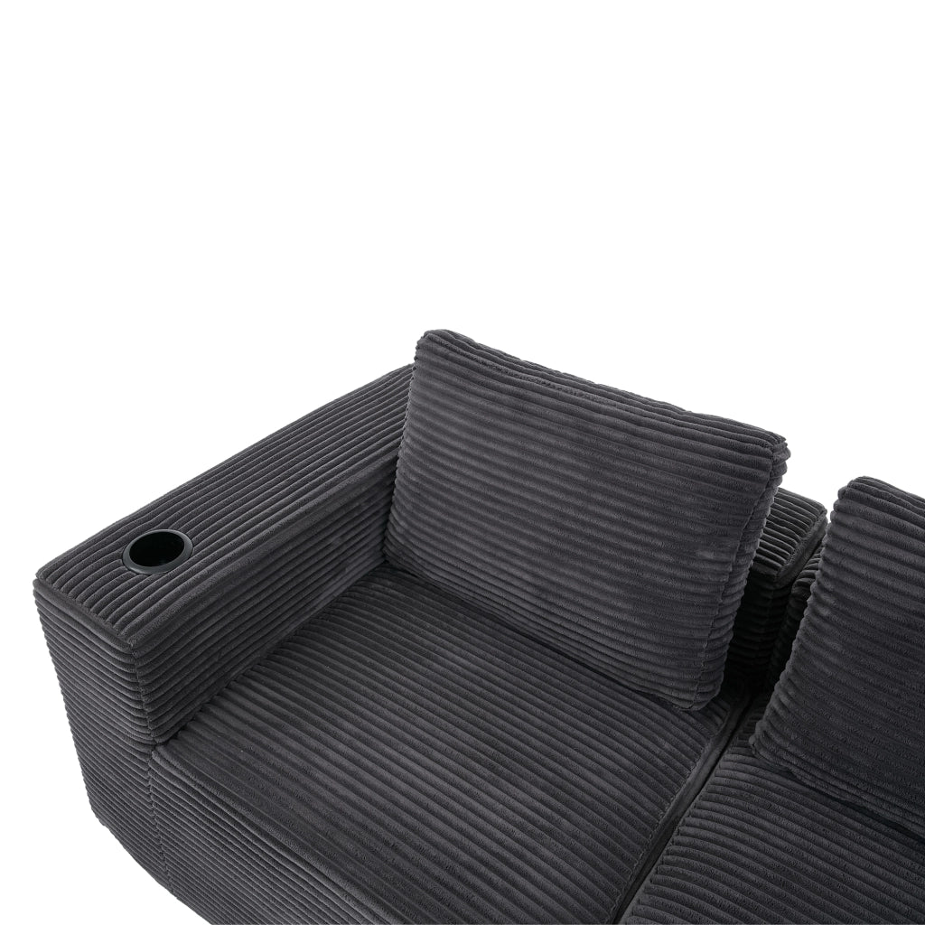 Divano lineare compatto con 3 cuscini e doppi portabicchieri in poliestere grigio scuro per piccoli spazi 265 × 176 × 60 cm