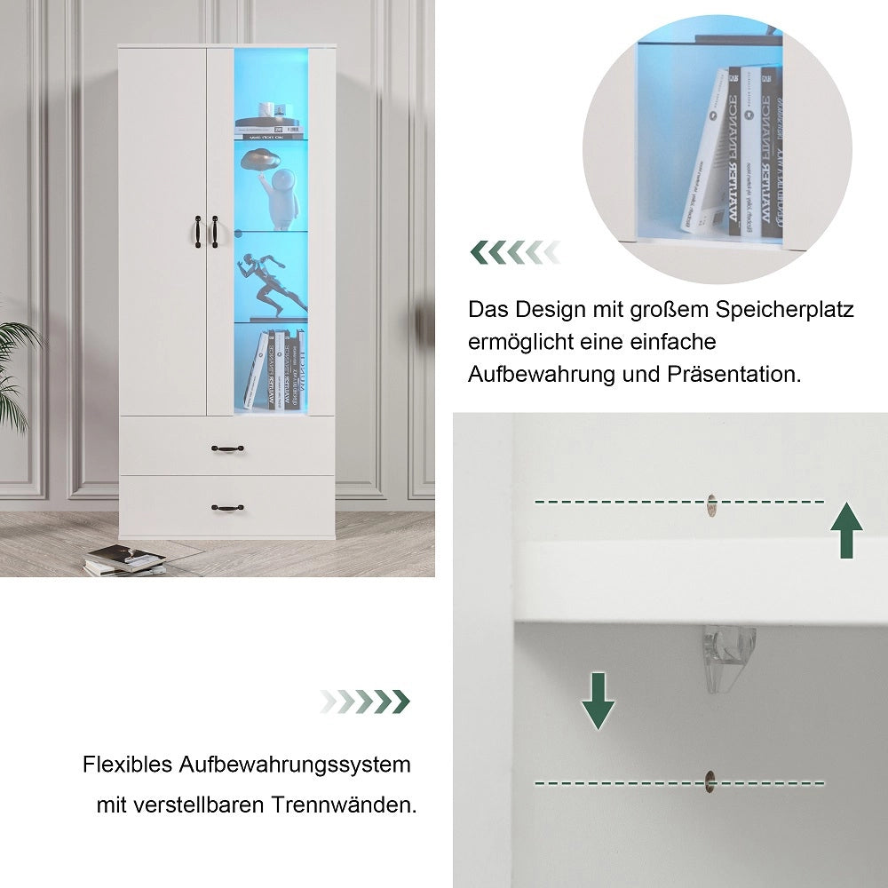 Armoire de rangement ??clair??e LED 16 couleurs - Xylo - 2 portes vitr??es 2 tiroirs - Blanc