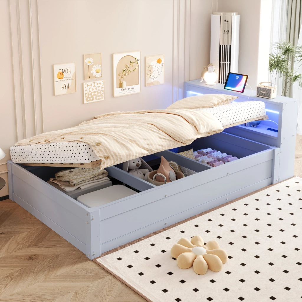LETTO Multifunzionale 90x200 cm Grigio con presa multifunzione e LED