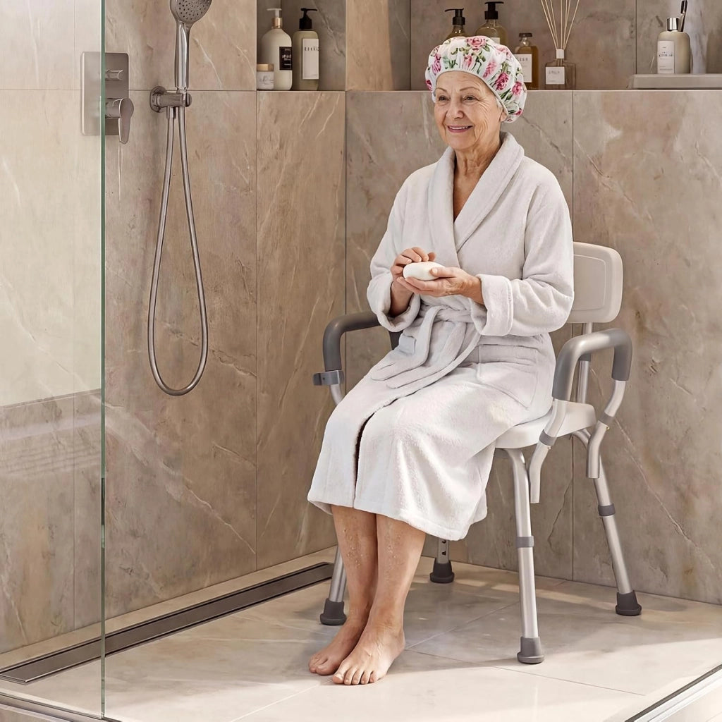 Sedia da Doccia Anziani, Sgabello da Doccia Antiscivolo con Braccioli e Schienale, Sedile a Forma di U e Altezza Regolabile, in Alluminio Resistente, per Disabili e Donne Incinte