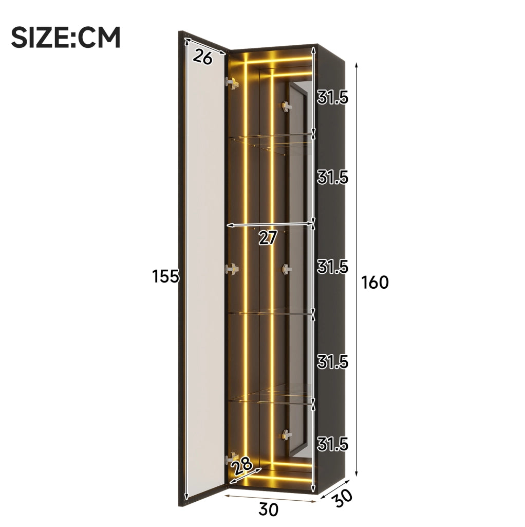 Vetrina in vetro temperato 30x30x160 cm con LED; 5 ripiani regolabili; MDF e alluminio; nera