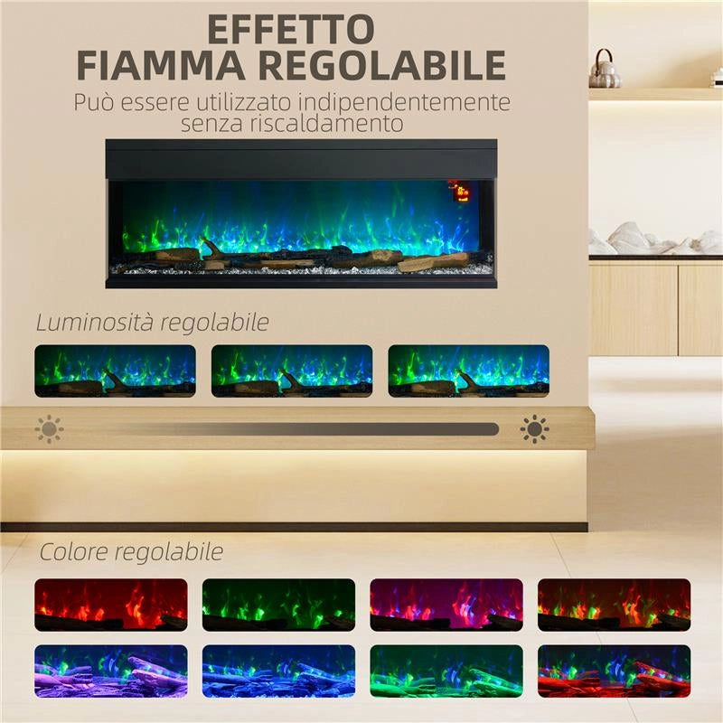 CAMINO ELETTRICO DA INCASSO E PARETE 1800W CON FIAMME COLORATE LED REGOLABILI TEMPERATURA FINO 40C NERO