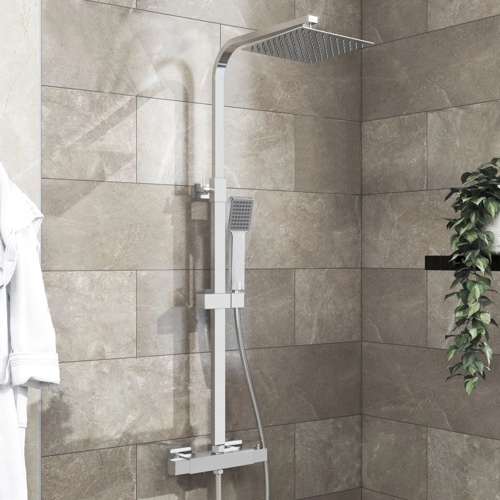 AICA ITALY Sistema Doccia Antiscottatura, Set Doccia con 20x20cm Soffione a Pioggia e 6x22cm Doccetta, Altezza Regolabile 80-120 cm Cromo