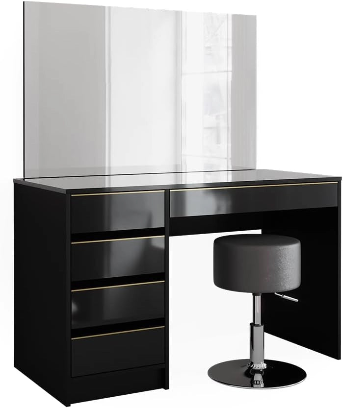 Tavolo da toeletta Sherry, Nero/oro, 120 cm con sgabello, inclusi sgabello e grande specchio per l’uso quotidiano