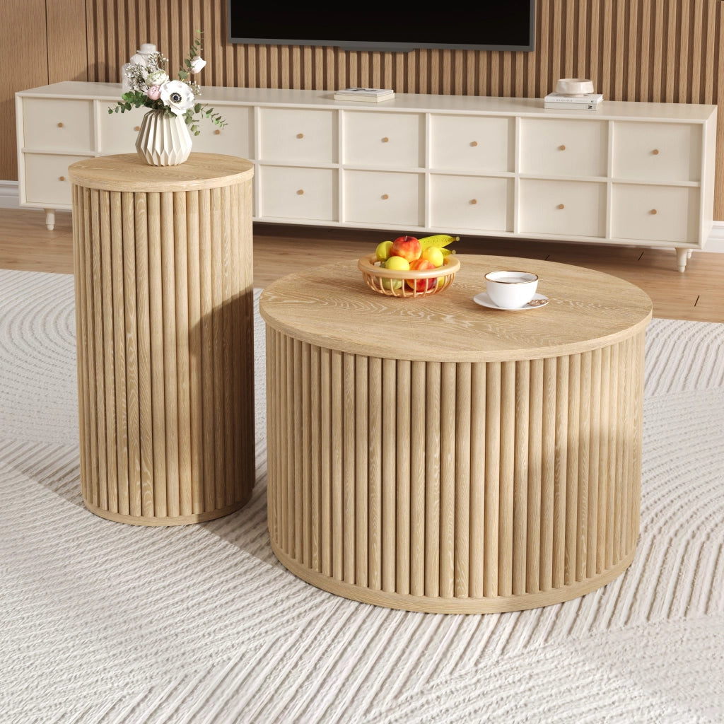 Tavolini da Caffè Rotondi Nidificabili con Motivo a Righe 3D; Stile Moderno; in MDF; Naturale; 60×60×38;5 cm