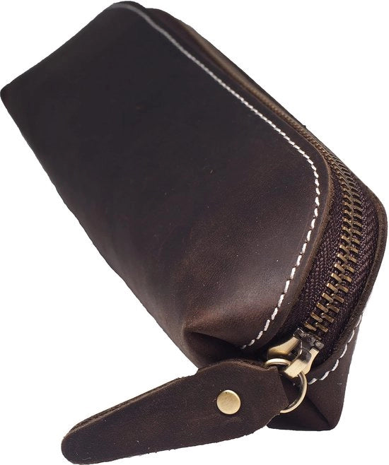 Etui in pelle di alta qualità, compatto, bel portafoglio con cerniera realizzato a mano per studenti, borsa cosmetica, borsa per trucco (marrone scuro, L22)